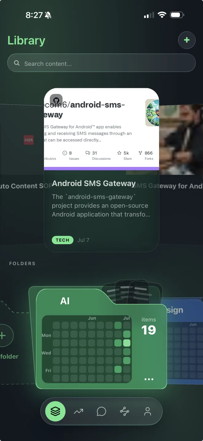 Library: a spatial shelf of everything you saved, AI summarized and tagged